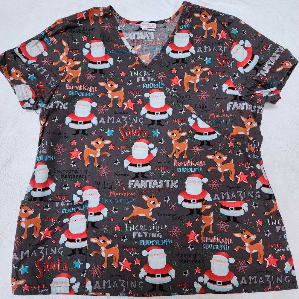 Christmas Santa Rudolph Scrub Top